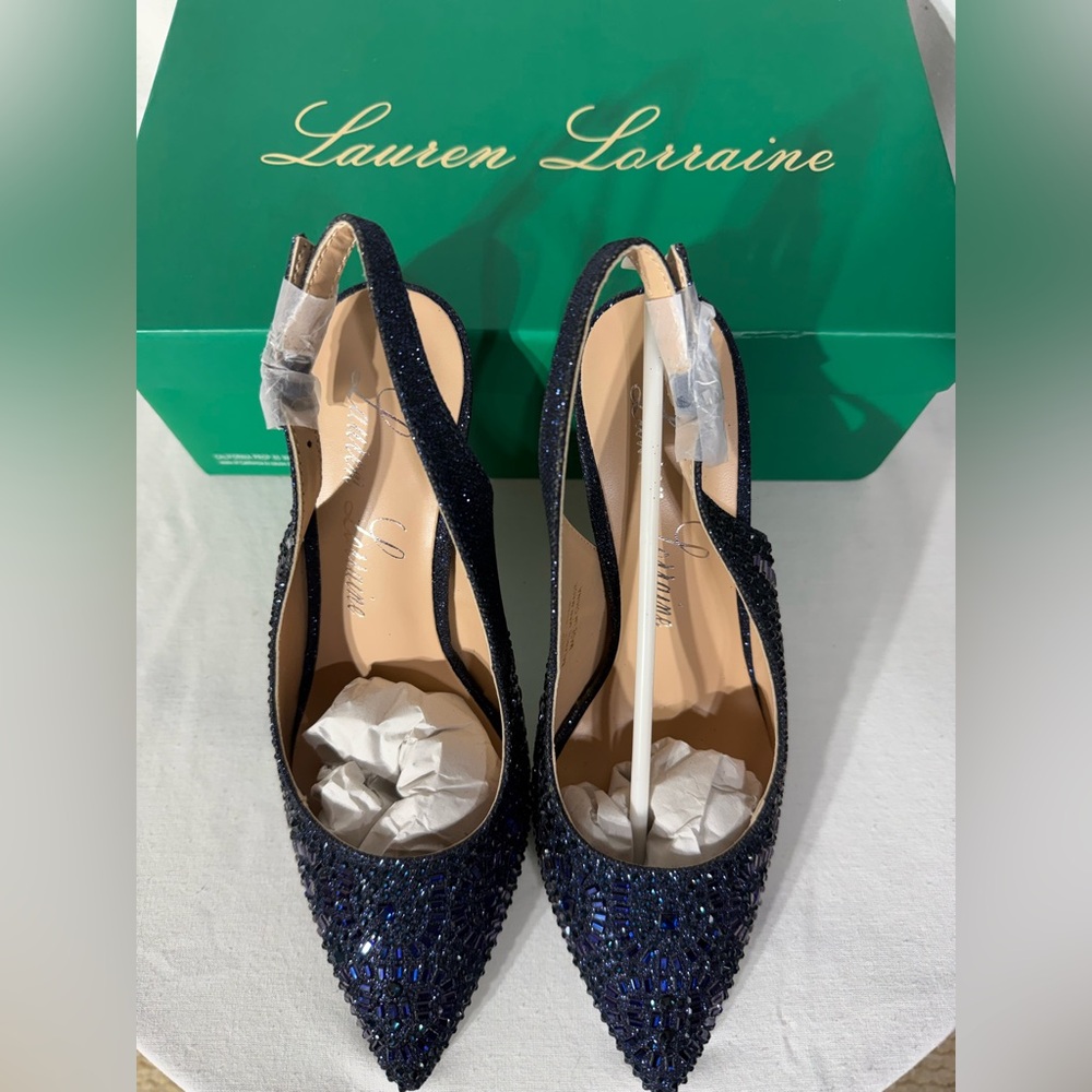 Lauren Lorraine Navy Beaded Pointed Slingback Heels